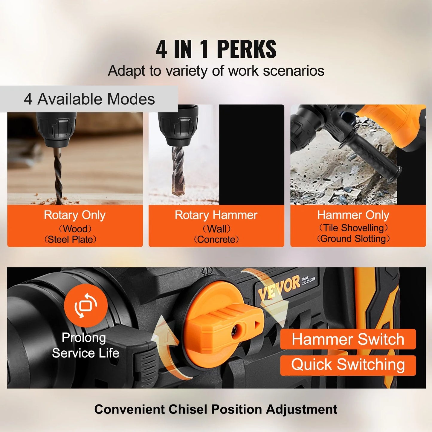 VEVOR Rotary Hammer Drill Corded Drills 1-1/4 4 Modes Sds-Plus Chipping Hammers