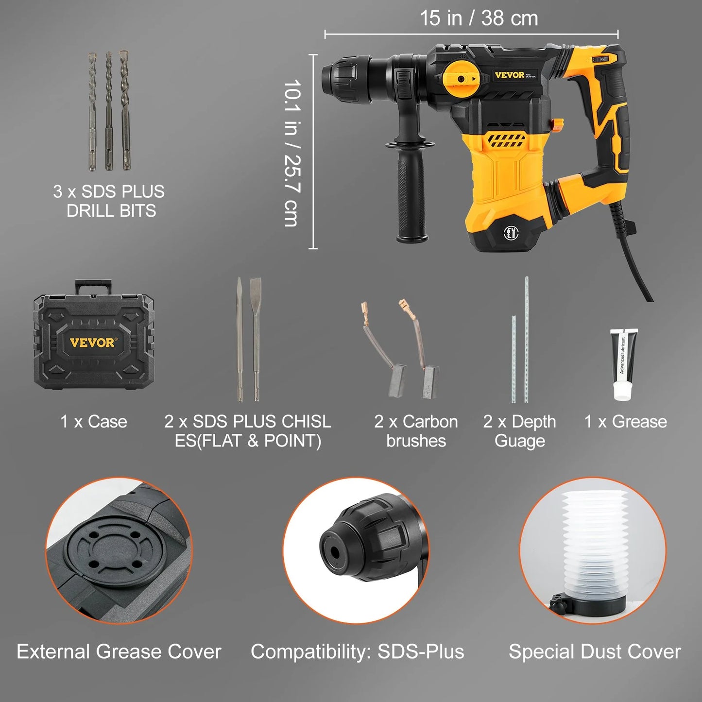 VEVOR Rotary Hammer Drill Corded Drills 1-1/4 4 Modes Sds-Plus Chipping Hammers
