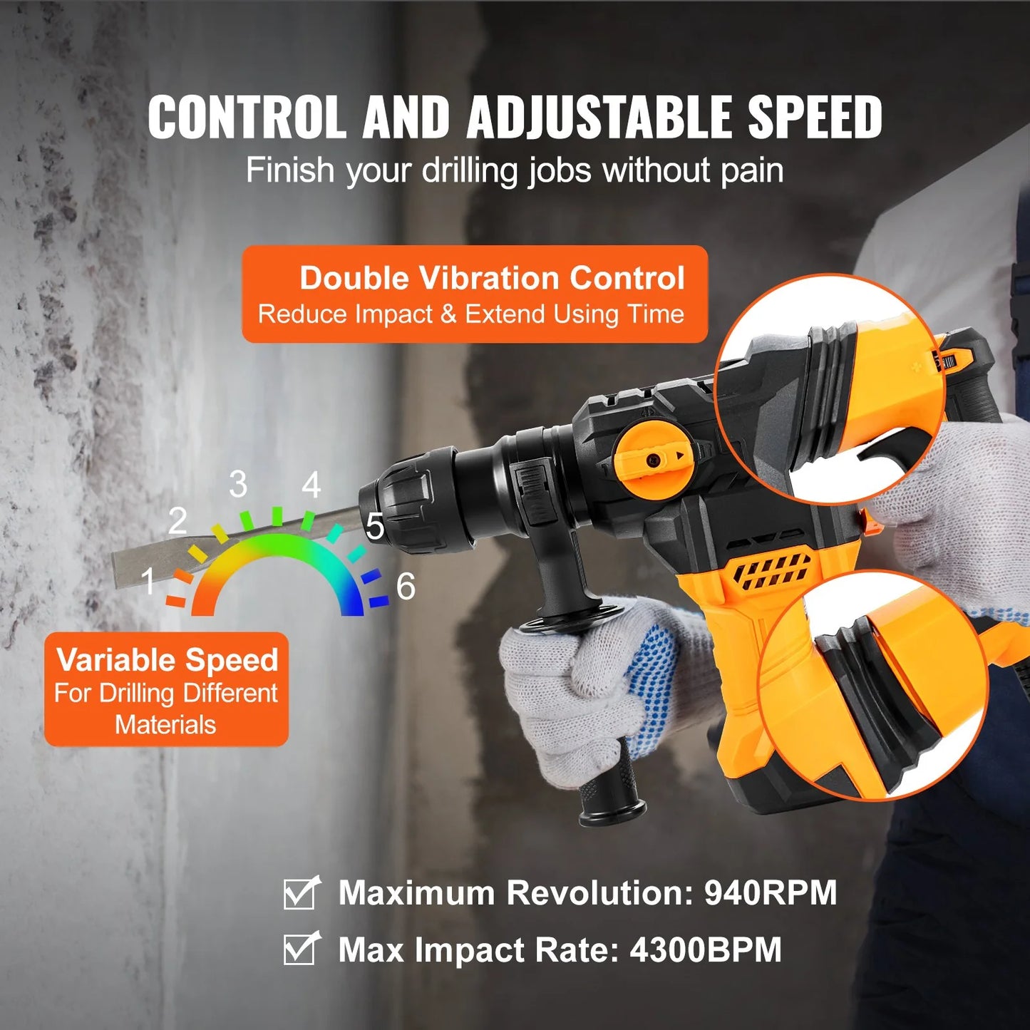 VEVOR Rotary Hammer Drill Corded Drills 1-1/4 4 Modes Sds-Plus Chipping Hammers
