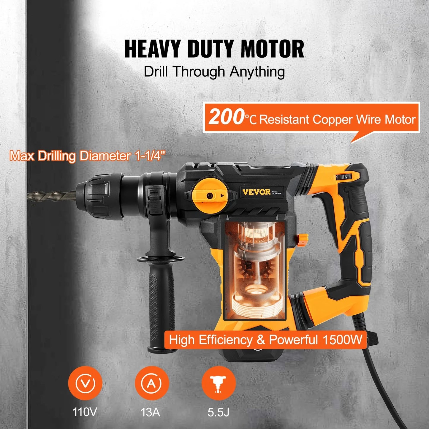 VEVOR Rotary Hammer Drill Corded Drills 1-1/4 4 Modes Sds-Plus Chipping Hammers
