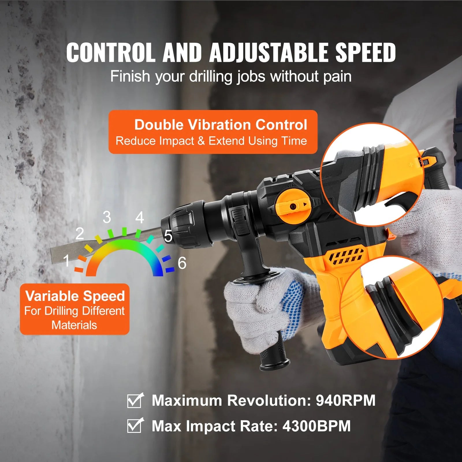VEVOR Rotary Hammer Drill Corded Drills 1-1/4 4 Modes Sds-Plus Chipping Hammers